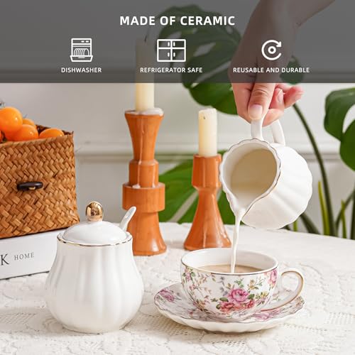 Agyiuns Ceramic Sugar and Creamer Set, 3 Piece with Cream Pitcher, Sugar Bowl with Lid and Spoon,Coffee and Tea Serving Set (White with gold line) - Image 3