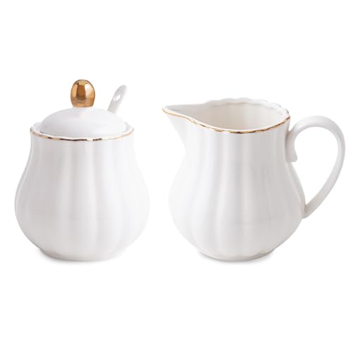Agyiuns Ceramic Sugar and Creamer Set, 3 Piece with Cream Pitcher, Sugar Bowl with Lid and Spoon,Coffee and Tea Serving Set (White with gold line) - Image 1