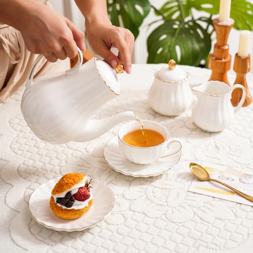 Agyiuns Ceramic Sugar and Creamer Set, 3 Piece with Cream Pitcher, Sugar Bowl with Lid and Spoon,Coffee and Tea Serving Set (White with gold line) - Image 5
