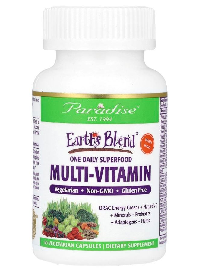 Paradise Herbs Earth's Blend One Daily Superfood Multi-Vitamin with Iron 30 Vegetarian Capsules