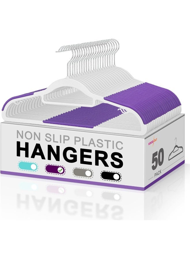HOUSE DAY Plastic Hangers 50 Pack, Plastic Clothes Hangers Non Slip Hangers with Rubber Grip, Heavy Duty Plastic Hangers with 360Âº Swivel Hook, Ultra Thin Hangers Space Saving, Closet Hangers Purple - Image 1