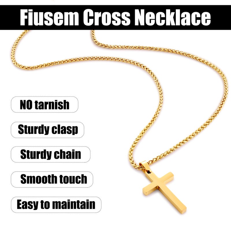 Fiusem Cross Necklace for Men, 14K Gold Plated Mens Cross Necklaces with 2.5mm Chain, Stainless Steel Pendant Small, Wheat Chain 20" - Image 5