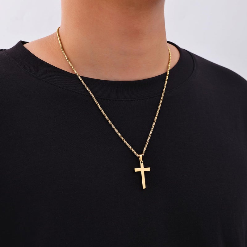 Fiusem Cross Necklace for Men, 14K Gold Plated Mens Cross Necklaces with 2.5mm Chain, Stainless Steel Pendant Small, Wheat Chain 20" - Image 3