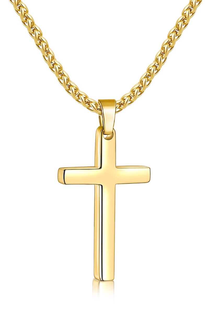 Fiusem Cross Necklace for Men, 14K Gold Plated Mens Cross Necklaces with 2.5mm Chain, Stainless Steel Pendant Small, Wheat Chain 20" - Image 1