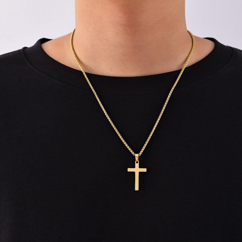 Fiusem Cross Necklace for Men, 14K Gold Plated Mens Cross Necklaces with 2.5mm Chain, Stainless Steel Pendant Small, Wheat Chain 20" - Image 2