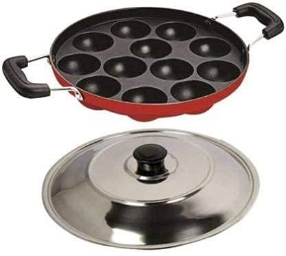 KD ZONE NonStick 12 Cavity Appam Patra Side Handle with Lid and Side Handle Red - Image 1