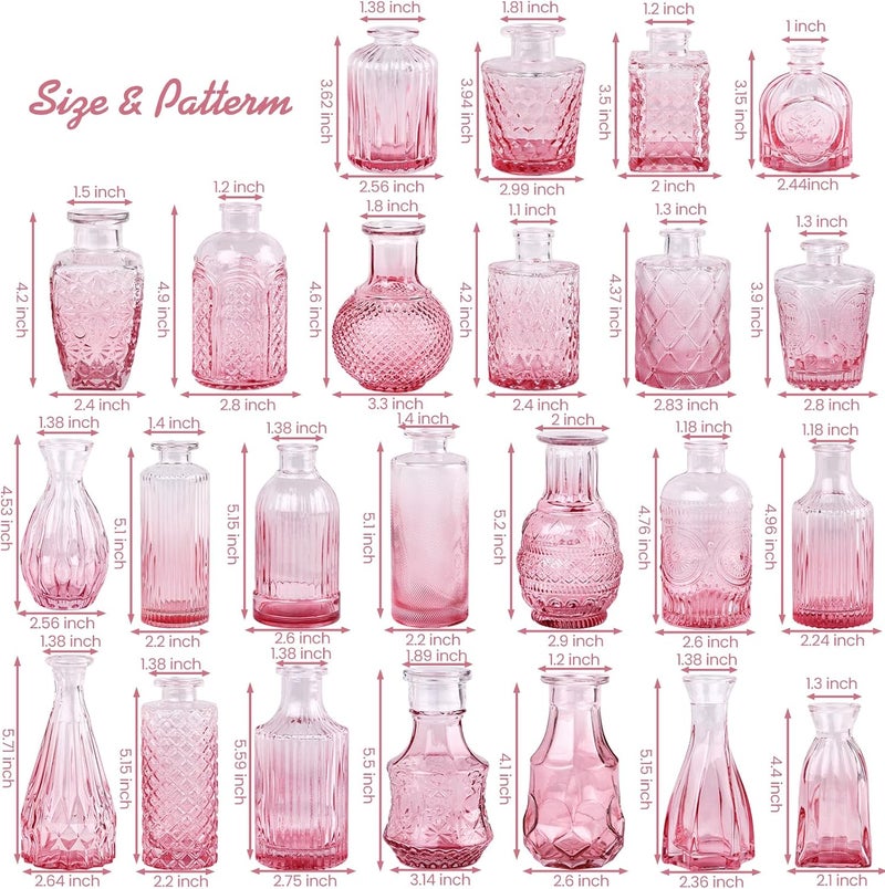 TBWIND Pink Glass Bud Vase Set of 24, Small Flower Vases for Centerpieces in Bulk, Mini Vintage Vase for Wedding Decor, and Home Table Décor - Image 3