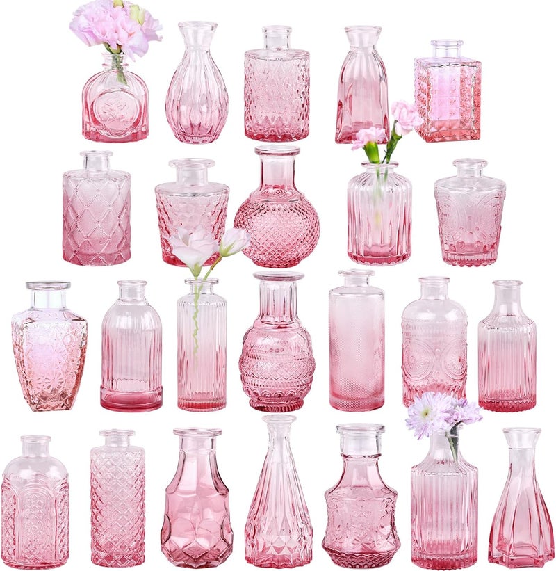 TBWIND Pink Glass Bud Vase Set of 24, Small Flower Vases for Centerpieces in Bulk, Mini Vintage Vase for Wedding Decor, and Home Table Décor - Image 1