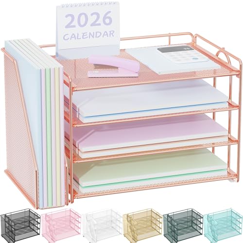 Spacrea Desk Organizers and Accessories Paper Organizer for Desk with File organizer Desk Accessories Workspace Organizers for Office Supplies Rose Gold - Image 1