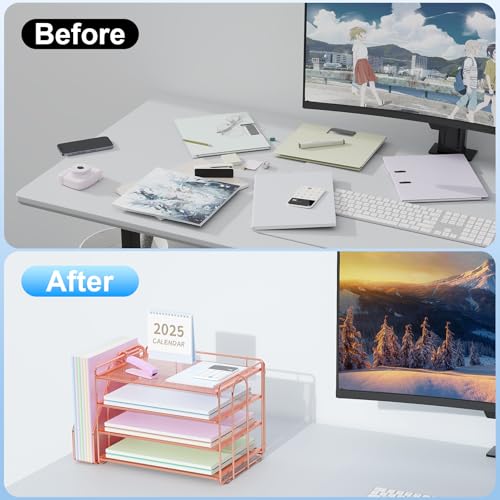Spacrea Desk Organizers and Accessories Paper Organizer for Desk with File organizer Desk Accessories Workspace Organizers for Office Supplies Rose Gold - Image 3