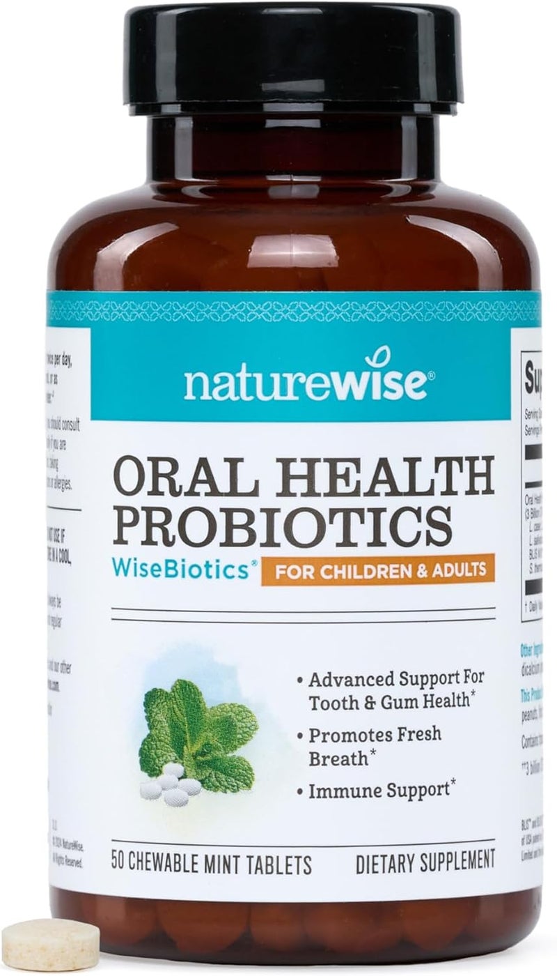 NatureWise Oral Probiotics for Teeth and Gums  Fresh Breath  Chewable SugarFree Mint Tablet  Lactobacillus reuteri Chewable  Oral Health Probiotics For Kids  Adults  50 Count50Day Supply - Image 1
