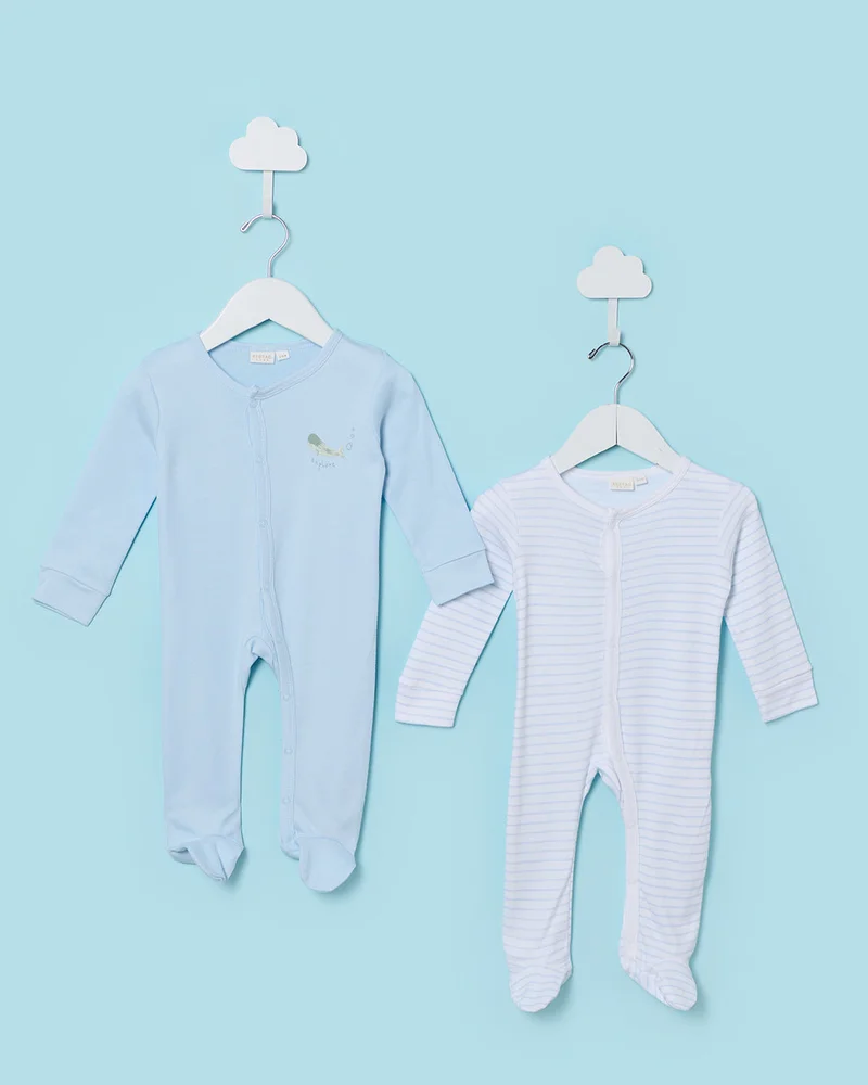 Redtag Baby Boys Blue and White And 2 Piece Sleepsuit Set