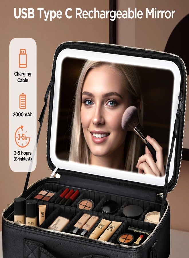 IPOW Travel Makeup Bag with LED Mirror, 3 Adjustable Light Settings, Customizable Dividers, Portable Travel Organizer, USB Charging,Black, Large - Image 5