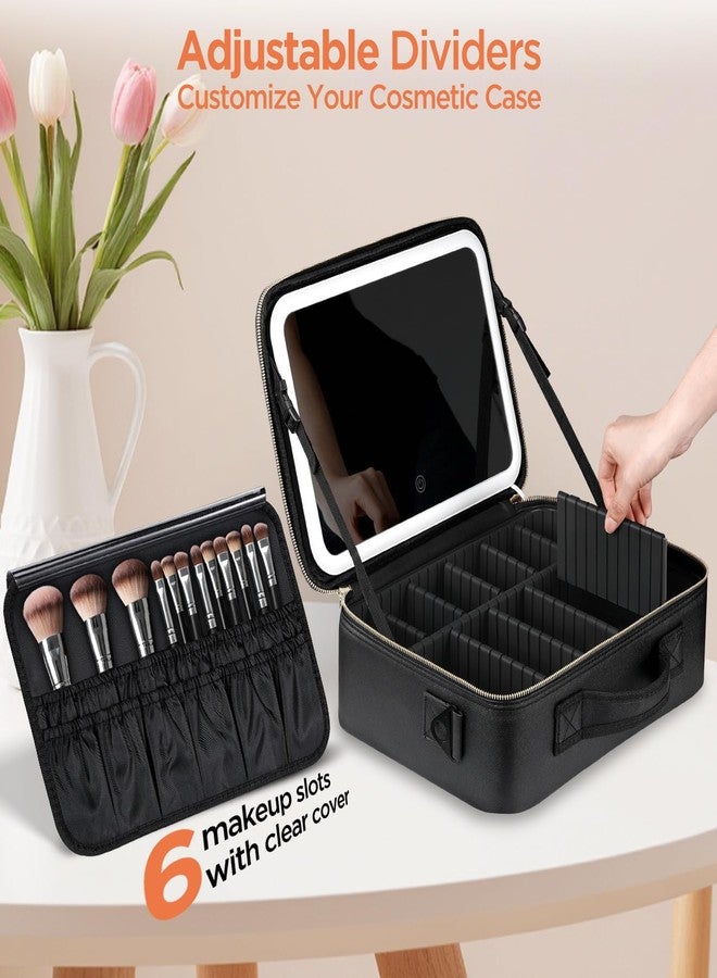 IPOW Travel Makeup Bag with LED Mirror, 3 Adjustable Light Settings, Customizable Dividers, Portable Travel Organizer, USB Charging,Black, Large - Image 4