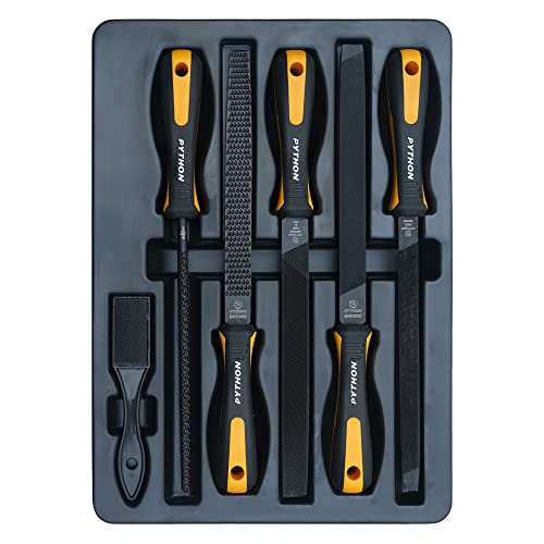Python Pro Black Oxide Steel File Set Soft Grip Handle in Premium Storage Tray Steel Bristle Brush 6Pcs 8”/200MM - Image 1