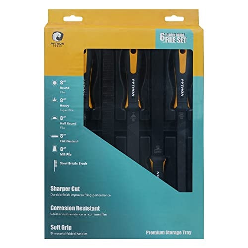 Python Pro Black Oxide Steel File Set Soft Grip Handle in Premium Storage Tray Steel Bristle Brush 6Pcs 8”/200MM - Image 2