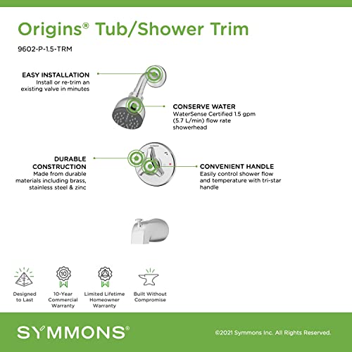 Symmons 9602-P-1.5-TRM Origins Single Handle 1-Spray Tub and Shower Faucet Trim in Polished Chrome - 1.5 GPM (Valve Not Included) - Image 5