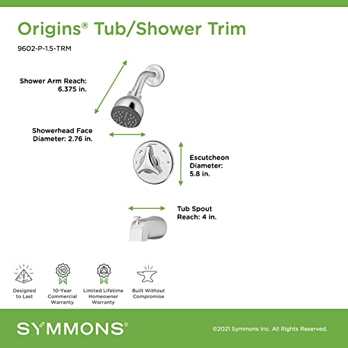 Symmons 9602-P-1.5-TRM Origins Single Handle 1-Spray Tub and Shower Faucet Trim in Polished Chrome - 1.5 GPM (Valve Not Included) - Image 4