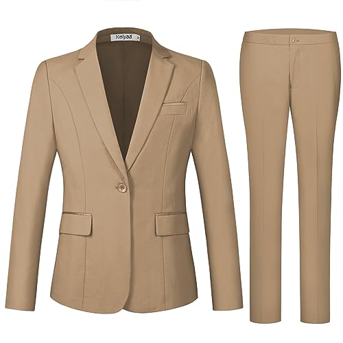 Kelyaa Women's 2 Piece Suit Notched Lapel One Button Slim Fit Business Office Work Tuxedo Blazer Pants Set Khaki - Image 3
