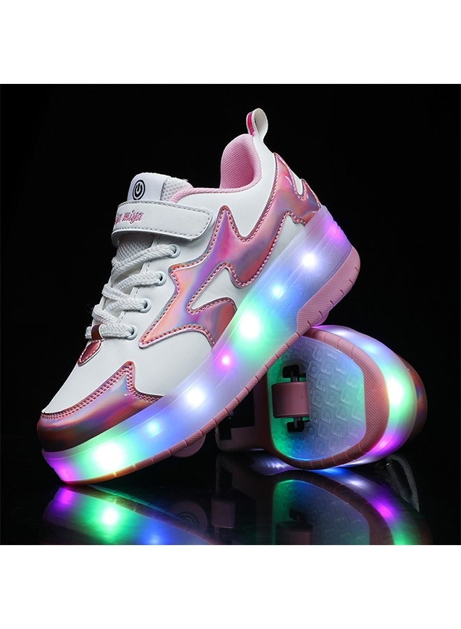 Beauenty LED Flash Light  New Exquisite Girls' Teen Student Trendy  Light-Up Fashion Sneakers  2 Wheels Shoes for Kids USB Charging ，Roller Skates Shoes for Kids  ，Outdoor Sports and Leisure Shoes Applicable to for Boys Girls Beginner More Balanced(pink) ﻿ - Image 2