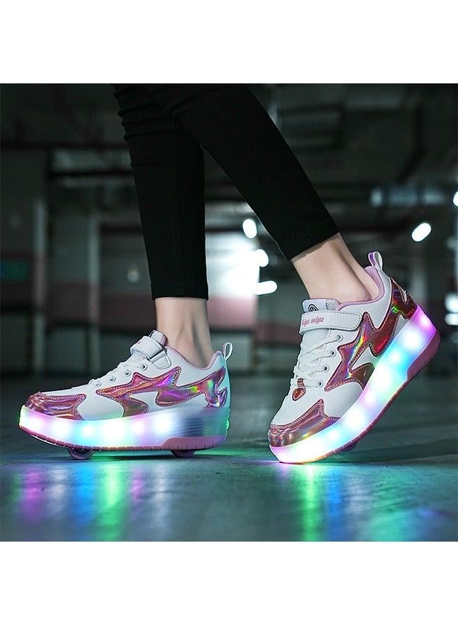 Beauenty LED Flash Light  New Exquisite Girls' Teen Student Trendy  Light-Up Fashion Sneakers  2 Wheels Shoes for Kids USB Charging ，Roller Skates Shoes for Kids  ，Outdoor Sports and Leisure Shoes Applicable to for Boys Girls Beginner More Balanced(pink) ﻿ - Image 3