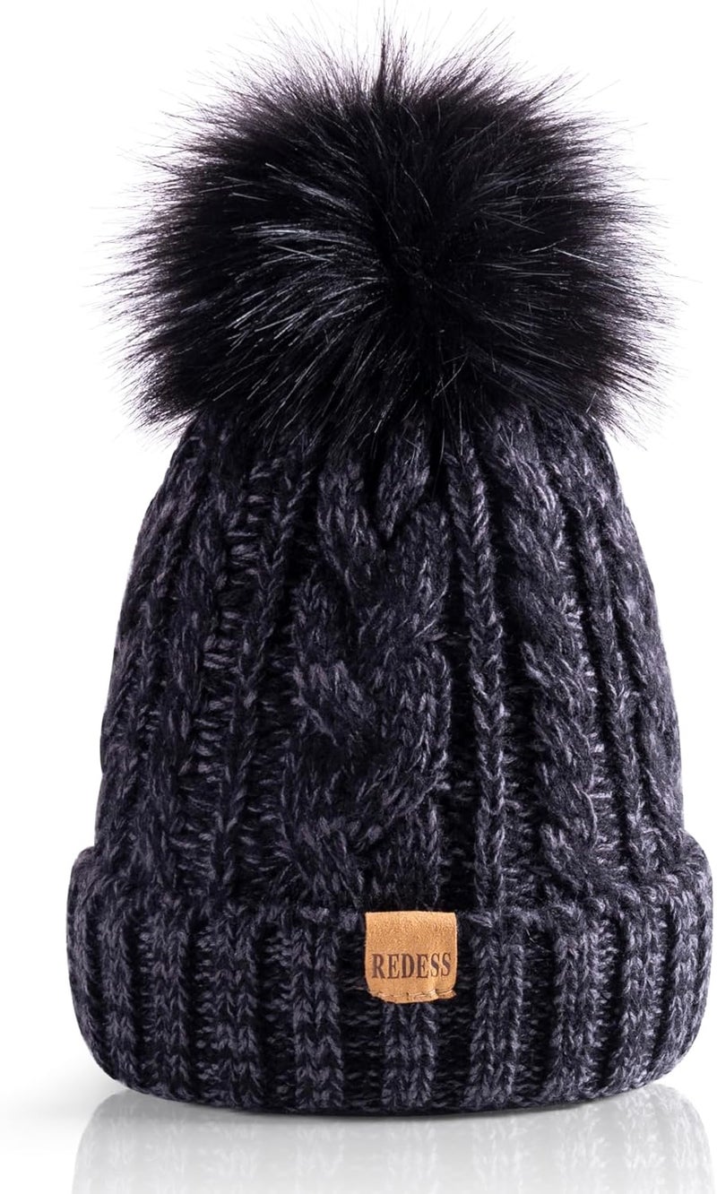 REDESS Women Winter Pompom Beanie Hat with Warm Fleece Lined, Thick Slouchy Snow Knit Skull Ski Cap - Image 1