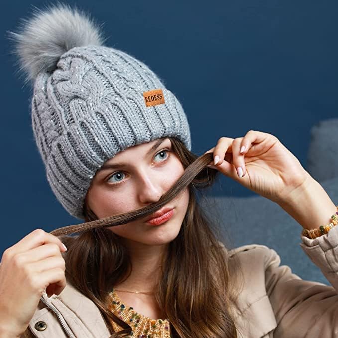 REDESS Women Winter Pompom Beanie Hat with Warm Fleece Lined, Thick Slouchy Snow Knit Skull Ski Cap - Image 3