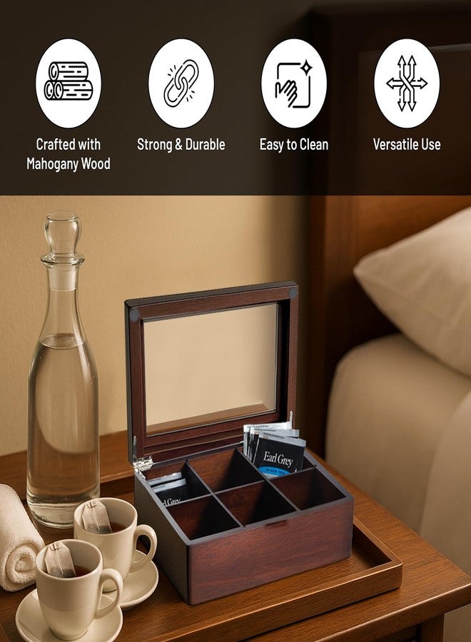 Bey-Berk Custom Engraved Mahogany Tea Storage Chest with Glass Lid – 6-Compartment Box for Tea Bags & Accessories - Image 3