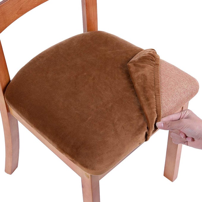 VELVET SEAT COVERS FOR DINING ROOM CHAIR SET OF 6 STRETCH FIT REMOVABLE WASHABLE CHAIR SEAT CUSHION PROTECTOR SLIPCOVERS WITH TIES CAMEL