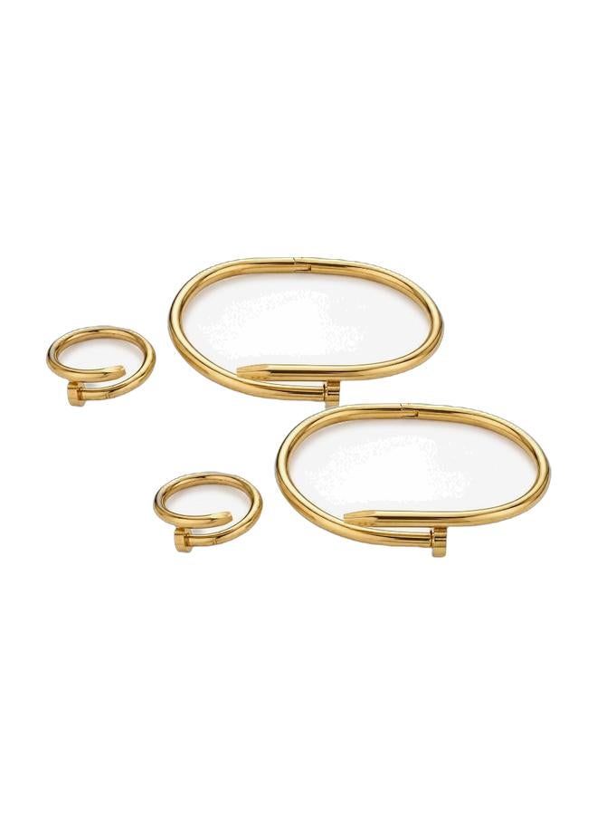 Gold Stainless Steel Open Cuff Bracelet and Ring Set for Women, Adjustable Matching Jewelry Set, 2  Pieces Bundle - Image 1
