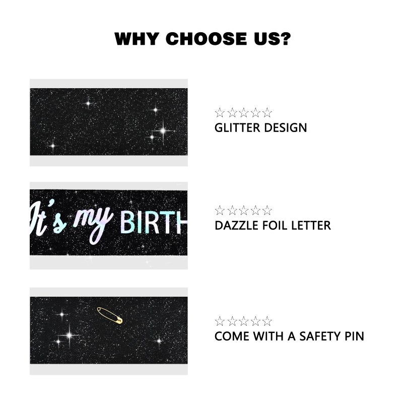 Vuzvuv It'S My Birthday Sash For Women  Girls  Men - Glitter With Foil Letters For Party Decor - Iridescent Black  Middle - Image 2