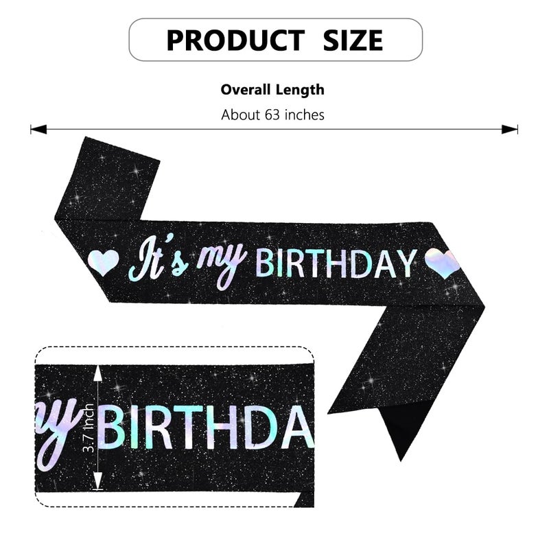 Vuzvuv It'S My Birthday Sash For Women  Girls  Men - Glitter With Foil Letters For Party Decor - Iridescent Black  Middle - Image 3