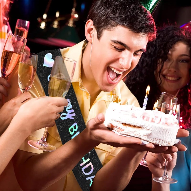Vuzvuv It'S My Birthday Sash For Women  Girls  Men - Glitter With Foil Letters For Party Decor - Iridescent Black  Middle - Image 5