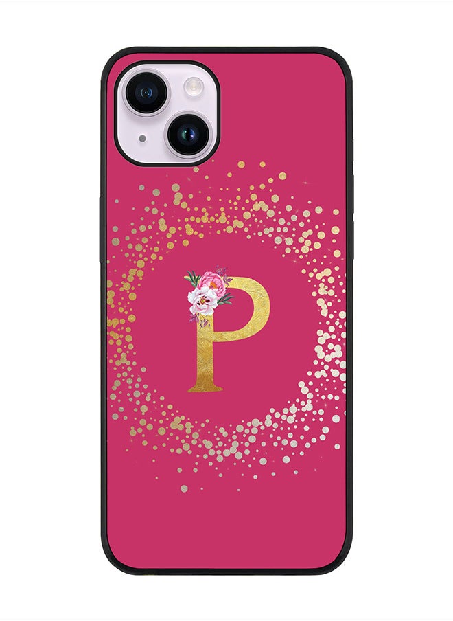 Stylizedd Rugged Black edge case for Apple iPhone 14 Plus, Soft Flexible Phone case Custom Monogram Initial Letter Floral Pattern Alphabet - P (Dark Pink Rose)  - Image 1