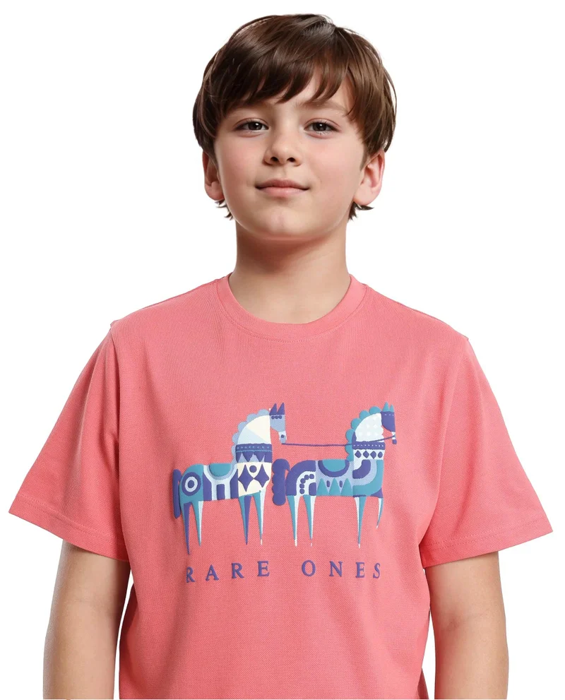 Rare Ones Rare Ones Kids Carno Peach Cotton Fabric Half Sleeves Crew Neck Graphic Print T-Shirt