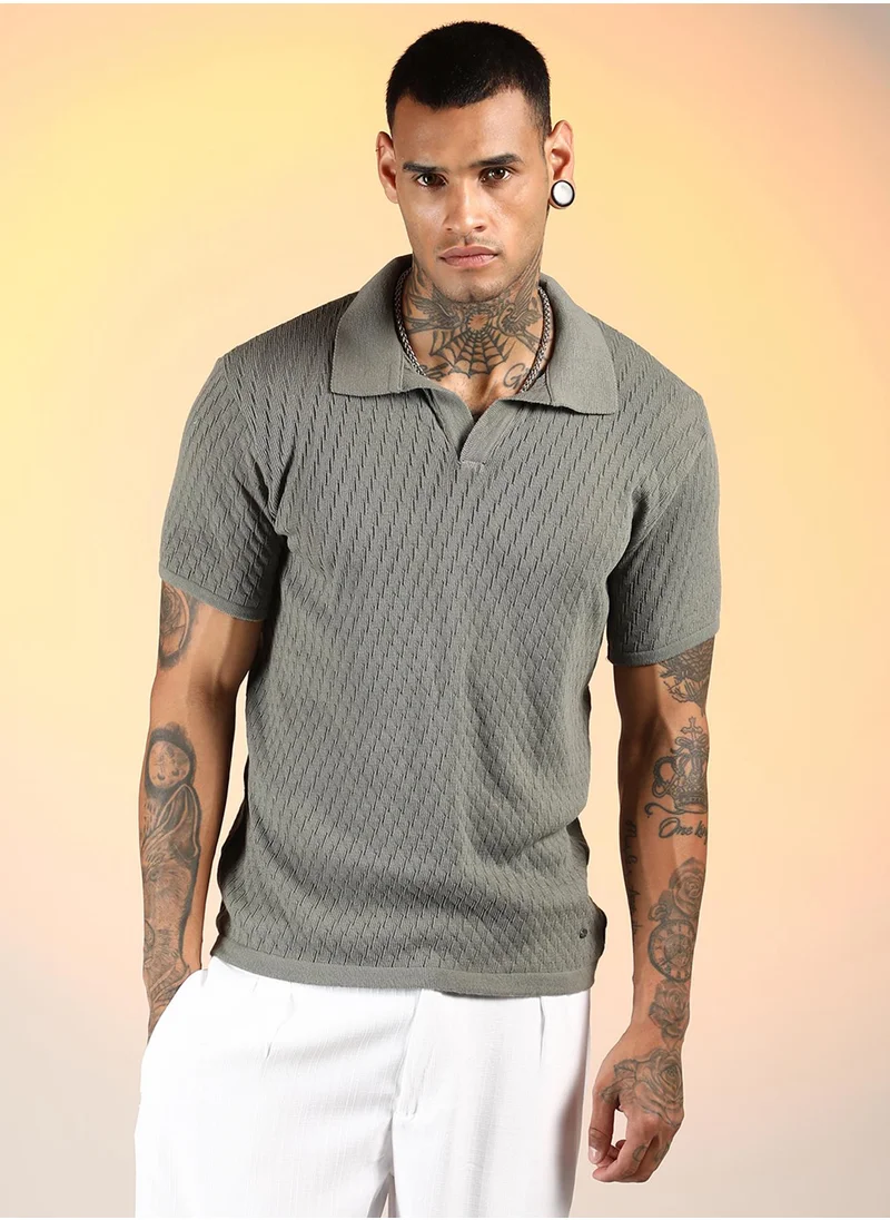 كامبوس سوترا Men's Ash Grey Rhombus-Knit Polo T-Shirt