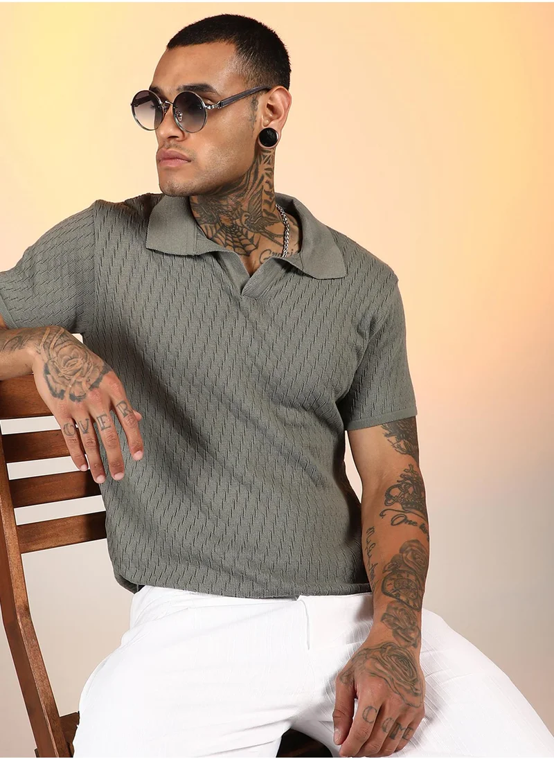 كامبوس سوترا Men's Ash Grey Rhombus-Knit Polo T-Shirt