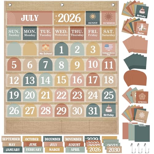 Sinload Classroom Calendar Pocket Chart Set Calendar Bulletin Board Set Seasons Festival Weather Pocket Chart for Classroom Decoration Back to School Supplies(Modern Boho 2,Linen Color) - Image 1