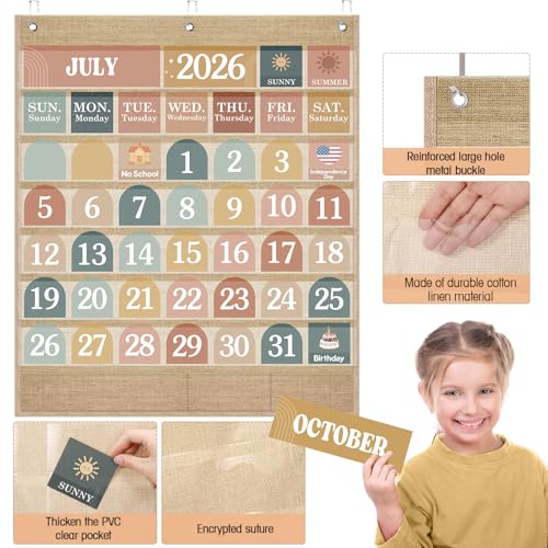 Sinload Classroom Calendar Pocket Chart Set Calendar Bulletin Board Set Seasons Festival Weather Pocket Chart for Classroom Decoration Back to School Supplies(Modern Boho 2,Linen Color) - Image 4