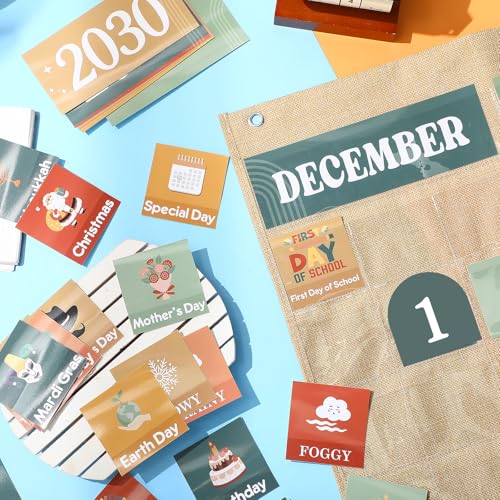 Sinload Classroom Calendar Pocket Chart Set Calendar Bulletin Board Set Seasons Festival Weather Pocket Chart for Classroom Decoration Back to School Supplies(Modern Boho 2,Linen Color) - Image 5