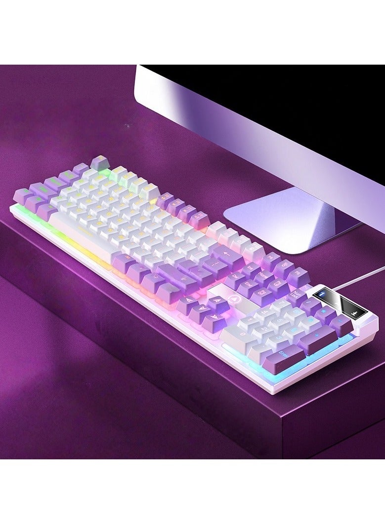 لوحة مفاتيح ألعاب مريحة RGB بيضاء أرجوانية بإضاءة خلفية وملمس ميكانيكي ولوحة مفاتيح سلكية USB للمكتب والمنزل للفتيات واللاعبات ومقدمي البث