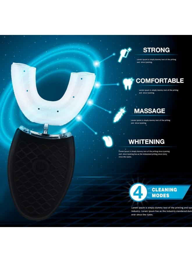 2-Piece Ultrasonic Electric Toothbrush for Adults, Automatic U-Shaped Whitening Toothbrush, 3 Brush Heads, 360° Full Mouth Cleaning, Rechargeable and IPX7 Waterproof (Black) - Image 4