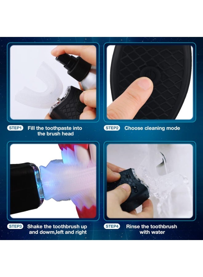 2-Piece Ultrasonic Electric Toothbrush for Adults, Automatic U-Shaped Whitening Toothbrush, 3 Brush Heads, 360° Full Mouth Cleaning, Rechargeable and IPX7 Waterproof (Black) - Image 5