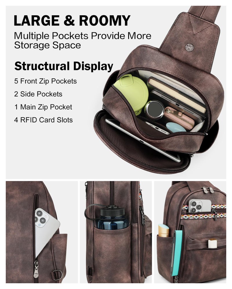 FADEON Large Sling Bag for Women, Leather Crossbody Purse Designer Anti Theft Sling Backpack, RFID Fanny Packs for Travel - Image 5