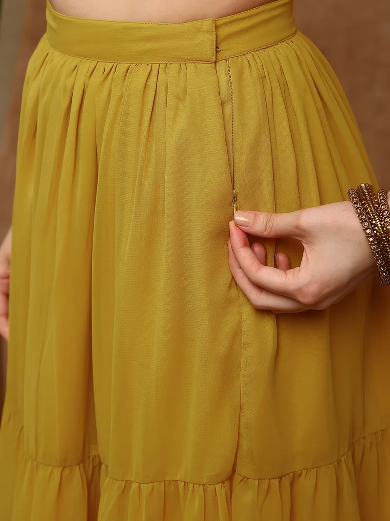 globus  Globus Women Mustard Sequinned Embroidered Halter Neck Sleeveless Georgette Crop Top & Tiered Skirt Fusion Co-Ord Set for Women | Best Price UAE