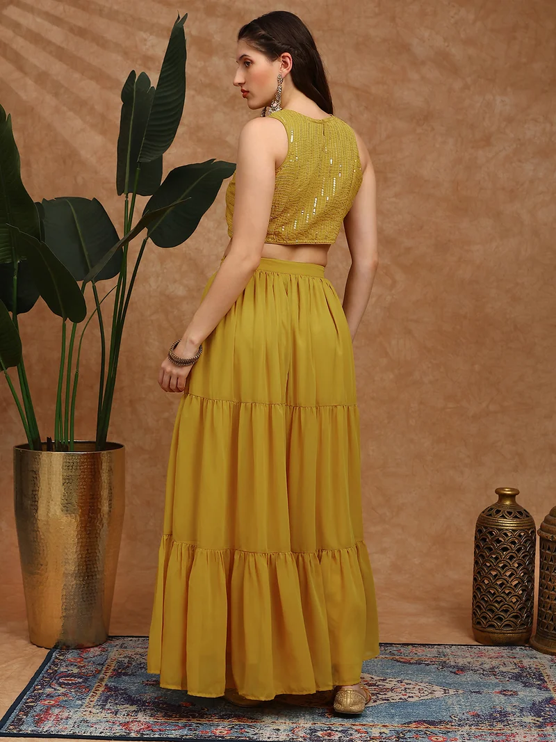 globus  Globus Women Mustard Sequinned Embroidered Halter Neck Sleeveless Georgette Crop Top & Tiered Skirt Fusion Co-Ord Set for Women | Best Price UAE