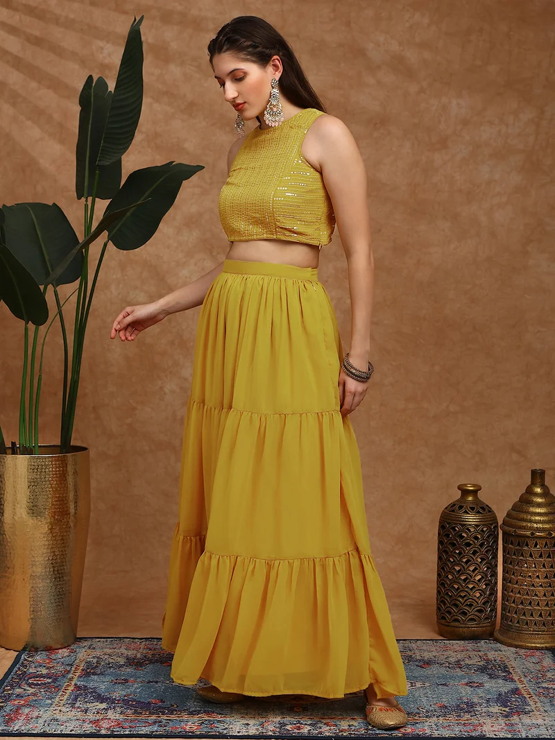 globus  Globus Women Mustard Sequinned Embroidered Halter Neck Sleeveless Georgette Crop Top & Tiered Skirt Fusion Co-Ord Set for Women | Best Price UAE