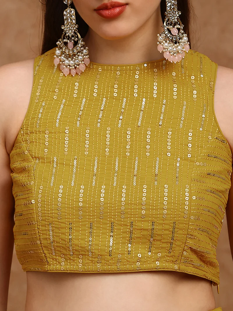 globus  Globus Women Mustard Sequinned Embroidered Halter Neck Sleeveless Georgette Crop Top & Tiered Skirt Fusion Co-Ord Set for Women | Best Price UAE