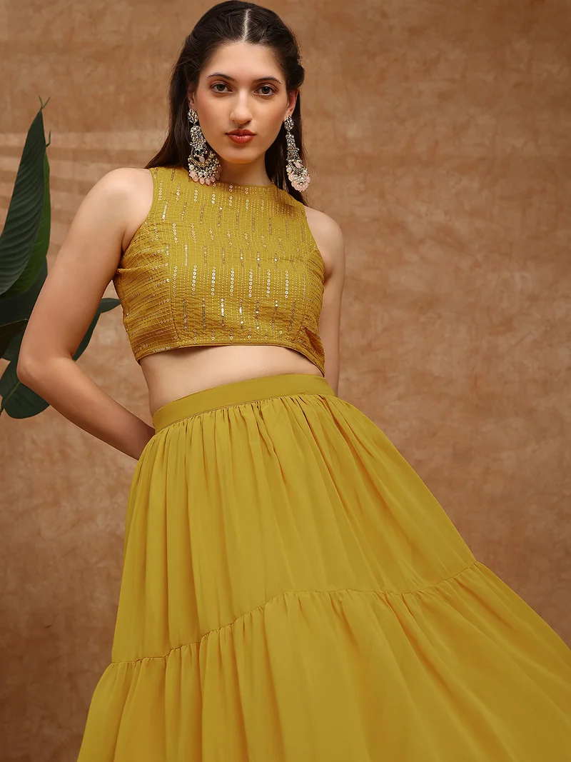 globus  Globus Women Mustard Sequinned Embroidered Halter Neck Sleeveless Georgette Crop Top & Tiered Skirt Fusion Co-Ord Set for Women | Best Price UAE