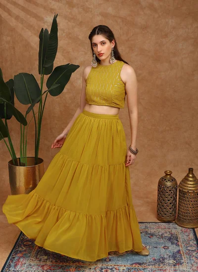 globus Globus Women Mustard Sequinned Embroidered Halter Neck Sleeveless Georgette Crop Top & Tiered Skirt Fusion Co-Ord Set